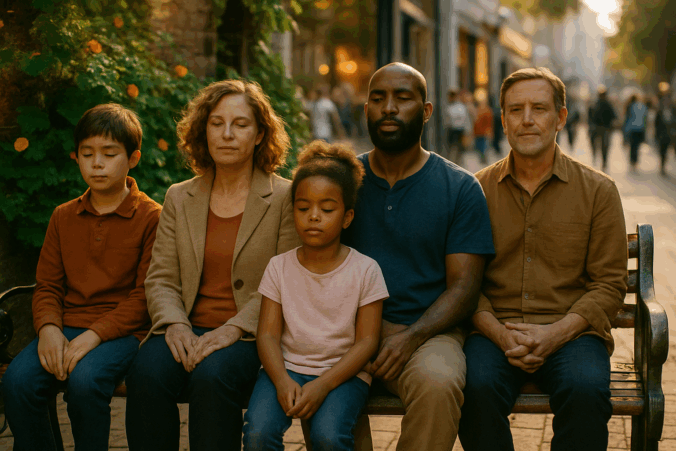 Six people of different ages and skin tones sit quietly on a wooden bench in a busy city street. Their eyes are closed in peaceful awareness. Among them are children, adults, and older people. Behind them, people walk by and sunlight filters through trees. The group appears calm and grounded, like a still point in the movement around them.